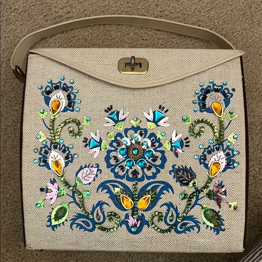 Cream and Blue Embroidered Shoulder Bag with Floral Design